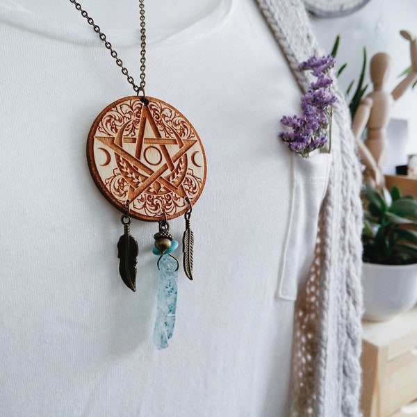 WOOD PENTACLE necklace Quartz RITUAL Pentagram stones crystals blue gemstones Witch pagan Jewelry wiccan gothic Laser cut Folk Tales