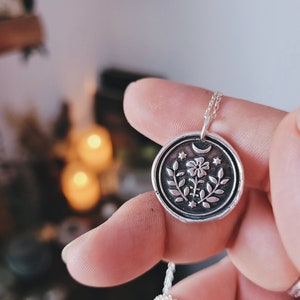 FOLK WITCH MINI Pendant Talisman - 925 Sterling Silver Necklace Wax Seal Stamp Amulet Pendant Coin Medal Botanical jewelry - Read