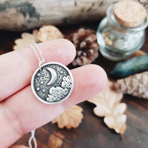 STARRY NIGHT Necklace - 925 Sterling Silver Original Witch Amulet Pendant Medal Folk Tales Wicca Landscape Crescent Moon jewelry - READ