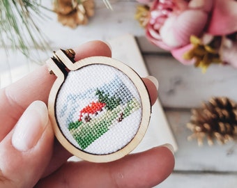 COTTAGE CROSS Stich NECKLACE Handmade 4cm-1'6" Mountains Countryside Farmhouse wood hoop Pixel Wanderlust Rural rustic Botanical Homestead