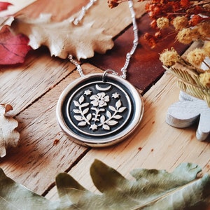 FOLK WITCH Necklace - 925 Sterling Silver Wax Seal Stamp Amulet Pendant Medal Folk Tales Wicca Botanical Moon Night Flower jewelry - READ