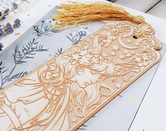 ART NOUVEAU Bookmark, wood laser cut etched with tassel - 19cm approx - Laser cut wood book lovers - Boho design by Medusa Dollmaker