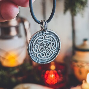 HECATE WHEEL PENDANT, Coin 925 Sterling Silver Talisman, Necklace Wax Stamp Seal, Labyrinth Strophalos, Witch Wicca Ancient, Folk Amulet