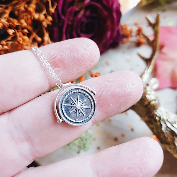 COMPASS NECKLACE - Sterling silver Coin Medal mini pendant 15mm Folk Tales Travel Rose Wind Sea Traveler Guide Rolo Chain Wanderlust jewelry