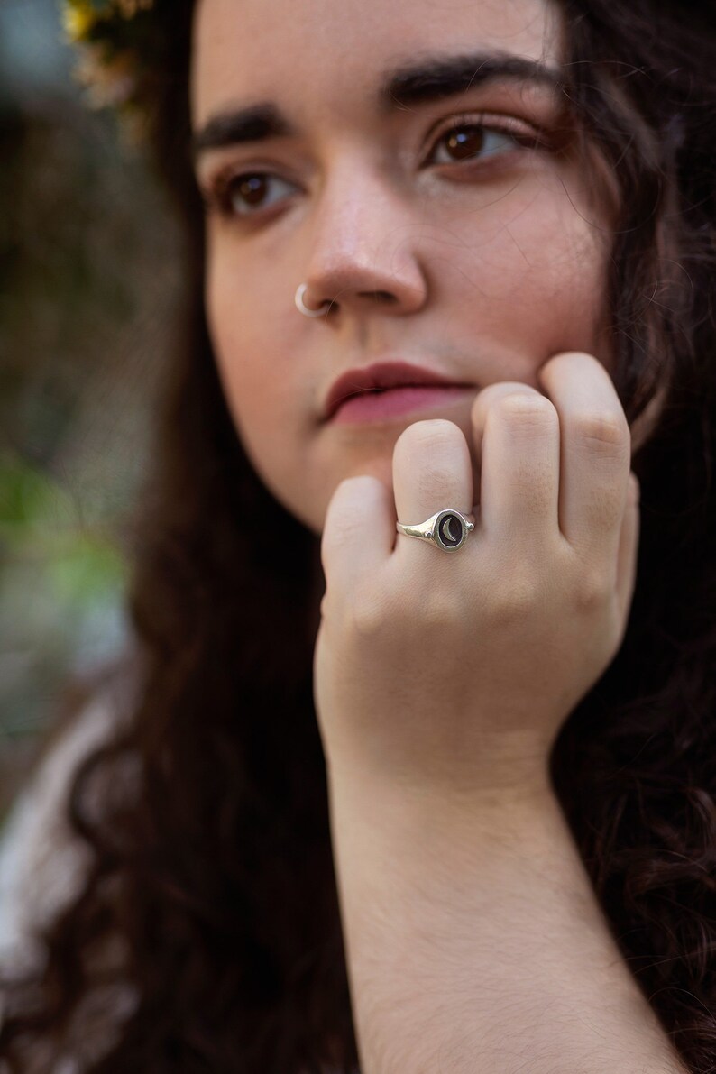 MOON SIGNET RING 925 sterling silver Minimalist Witch Seal Stamp rustic Made to Order Wicca Pagan Night Waning Wicca Pagan Bohemian image 5