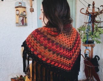 Hand Knit Folk Shawl - Scarf Witch Cozy Large Samhain Synthetic Wool Crochet Wrap Made in Spain Chunky Wool Warm Fringe Clothing Fall Winter