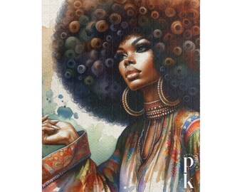 Iconic Afro Hairstyle Puzzle, Vintage Boho Fashion Jigsaw, Artful African Beauty, Soulful Watercolor Portrait -  500 Piece Puzzle