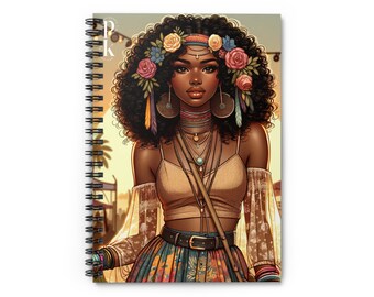 6x8 Spiral Ruled Lined Notebook, Stylish Stationery, Personal Diary, Stylish Cover Bohemian Black Girl Art