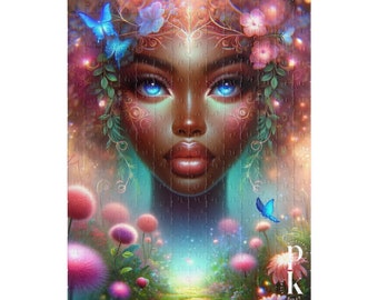 Enchanted Garden Beauty Puzzle - Mystical African American Woman, Floral Fantasy Jigsaw, Magical Artwork - 500 Piece Puzzle