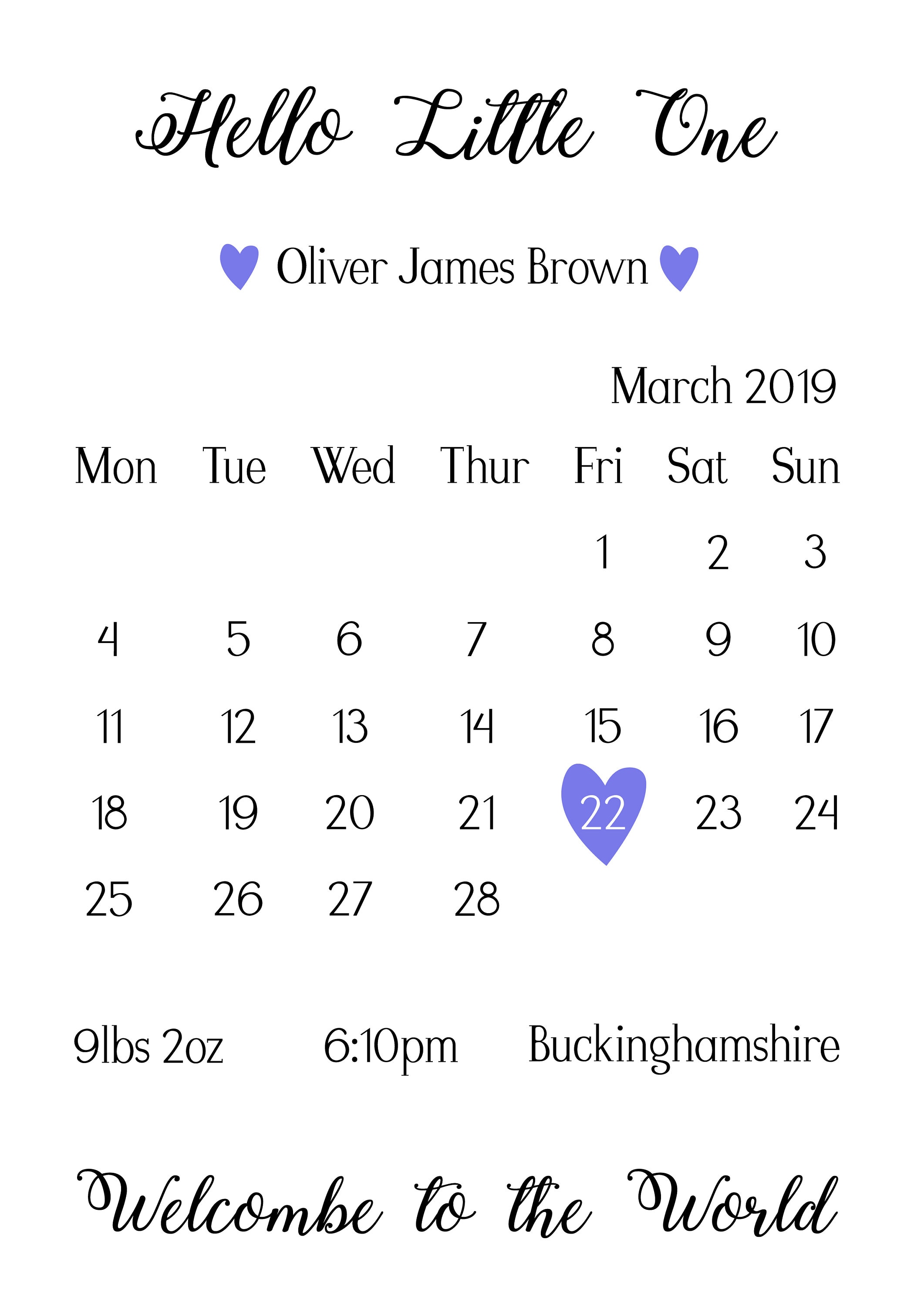 Calendar birth print personalised birth stats print Etsy