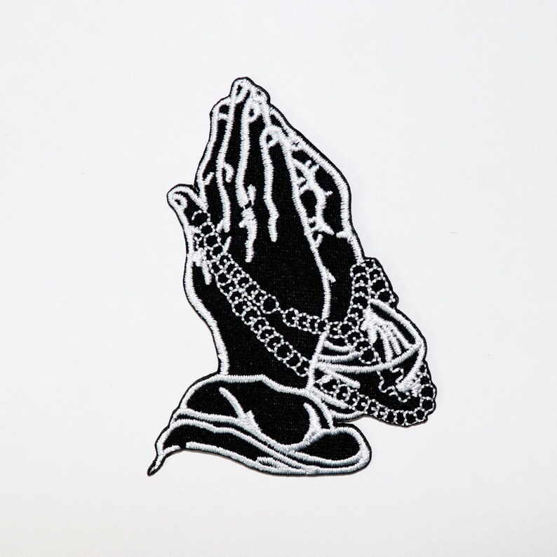 Prayer hands Jesus Cross Patch Tattoo Style Biker Rocker Catholic God