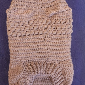 May include: A brown crocheted dog sweater with a textured pattern.
