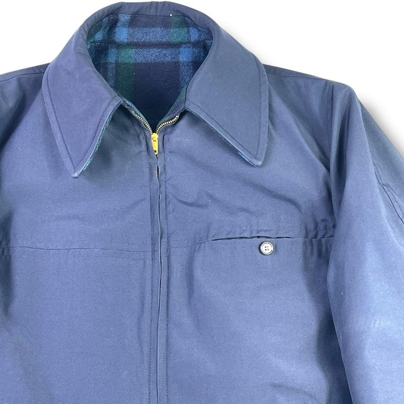 Chaqueta reversible de lana Pendleton Vintage de los años 50, cuadros azul marino, fabricada en EE. UU., talla grande/XL imagen 3