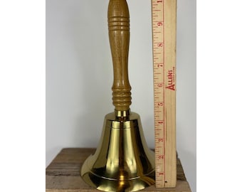 Vintage Brass School Hand Bell Engraved see pictures Nice Wood Handle Desk Prop