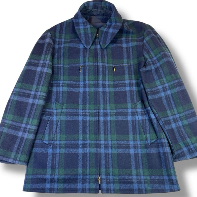 Chaqueta reversible de lana Pendleton Vintage de los años 50, cuadros azul marino, fabricada en EE. UU., talla grande/XL imagen 9