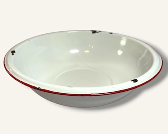 Vintage Enamel Wash Basin White Red Rim Farmhouse Country Primitive 12.5"