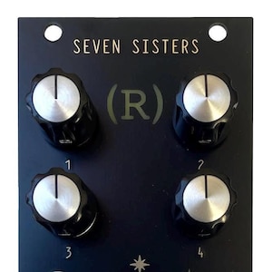 May include: Black electronic music synthesizer module with the text "SEVEN SISTERS" and "(RECOVERY)". It features knobs, jacks, and star-shaped designs. The module has the text "VOICE" and "TRIGGER".