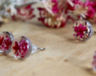 Pressed Flower Stud Earrings: Pink Cream Resin Botanical Jewelry