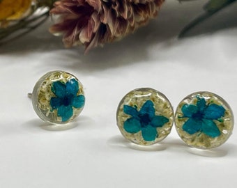 Pressed Flower Stud Earrings: Teal Cream Resin Botanical Jewelry