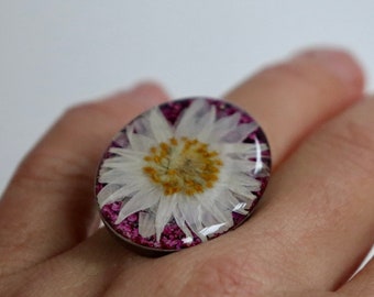 Pressed Flower Ring: Stainless Steel Adjustable Immortelle Ring