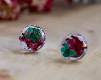 Pressed Flower Stud Earrings: Turquoise & Pink Resin Botanical Jewelry