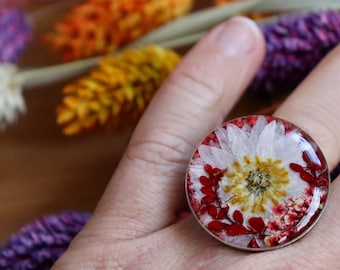 Pressed Flower Ring: Large Adjustable Stainless Steel Pansy Ring