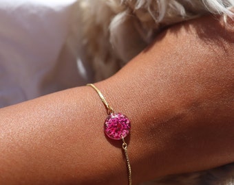 Pressed Flower Bracelet: Pink Resin Pendant, Adjustable Chain