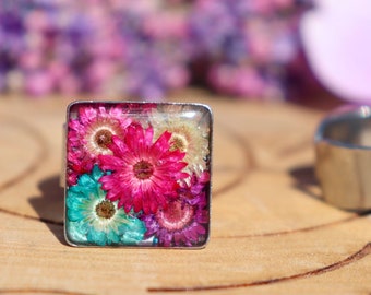 Pressed Flower Ring: Square Stainless Steel Adjustable Band