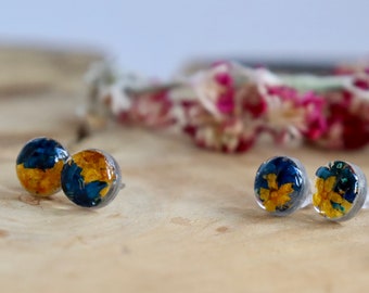 Pressed Flower Stud Earrings: Blue & Yellow Botanical Jewelry
