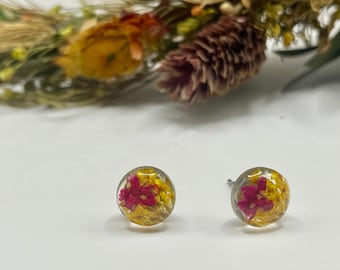 Pressed Flower Stud Earrings: Pink & Yellow Resin Botanical Jewelry