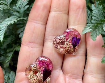 Pressed Flower Heart Studs: Botanical Resin Earrings