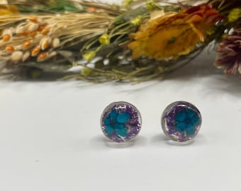 Pressed Flower Stud Earrings: Teal & Purple Resin Botanical Jewelry