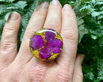 Pressed Hydrangea Flower Ring: Stainless Steel Adjustable Band