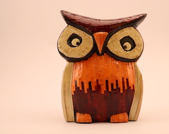 Handmade Straw Marquetry Owl: Carved Wood Art