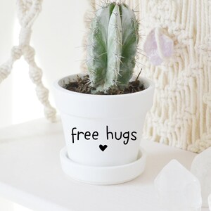 May include: A small, green cactus in a white ceramic pot with the words "free hugs" and a heart. The pot sits on a white shelf, with a macrame wall hanging in the background. Clear quartz crystals are also visible.