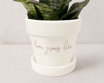 Love Grows Here Plant Pot | Plant Lover Gift | Succulent Pot Indoor Planter w/ Saucer | Wedding Decor | Plant NOT included (Matte White)