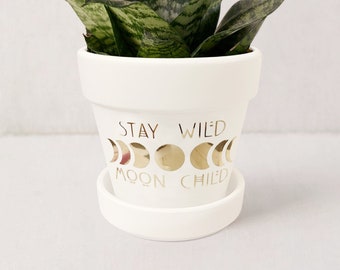 Celestial Moon Phase Decor Plant Pot | Stay Wild Moon Child | Succulent Planter | White Ceramic Planter w/ Saucer Plant NOT included (White)