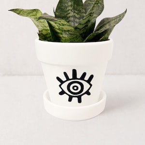 May include: A white ceramic planter with a black eye design. The planter has a matching saucer and is filled with a green snake plant.