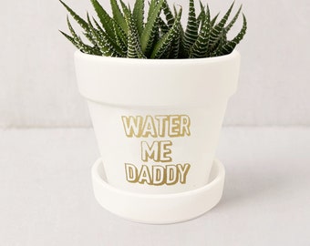 Water Me Daddy Planter: Matte White Plant Pot with Saucer