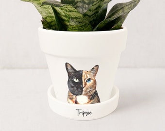 Cat Portrait Custom Planter | Cat Lover Gifts | Personalized Gift for Cat Mom | Pet Loss Gifts Cat | Plant Pot w/ Tray | Plants NOT included