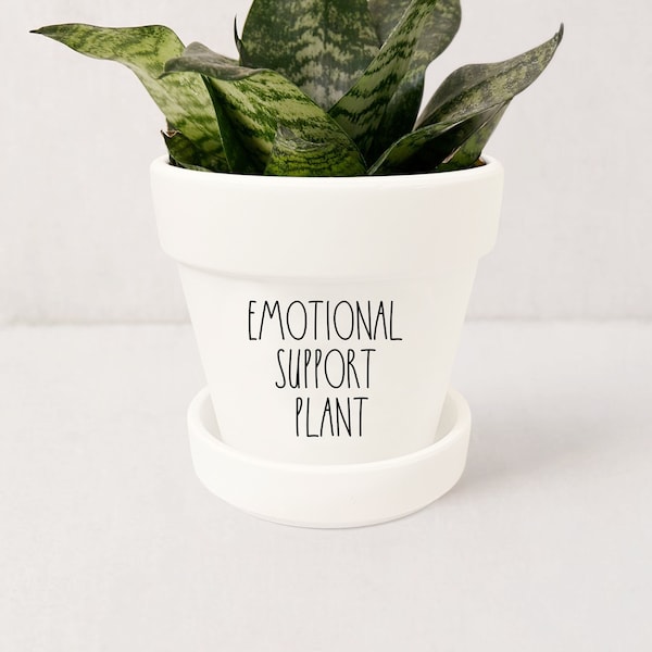 Emotional Support Plant Indoor Planter | Rae Dunn Inspired Plant Pot w/ Saucer | Funny Pots for Plants | Plants not Included (Matte White)