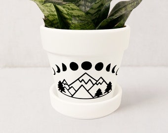 Celestial Moon Phase Mountain Plant Pot Moon Decor | Succulent Planter | White Ceramic Planter w/ Saucer | Plant NOT included (Matte White)