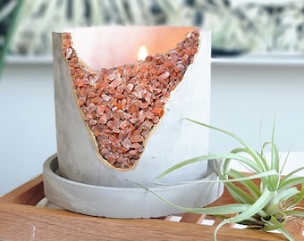 Concrete Geode Planter: Orange Carnelian Crystal Succulent Pot with Tray