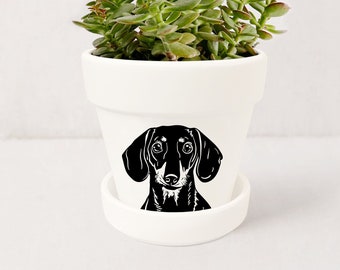 Wiener Dog Planter, Gift for Dachshund Lover, Dog Lover Gifts, Doxie Indoor Succulent Pot w/ Saucer | Plants NOT included (White)