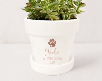 Jardinière commémorative pour animaux de compagnie | Cadeau commémoratif personnalisé pour chien | Cadeaux pour la perte d'un animal de compagnie | Cadeau de perte de chien | Cache-pot avec soucoupe | Plantes NON incluses (Blanc)