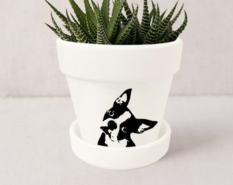 Jardinière Boston Terrier, Cadeaux Boston Terrier, Cadeaux pour amoureux des chiens, Pot d'intérieur pour succulentes Boston Terrier avec soucoupe | Plantes NON incluses (Blanc)