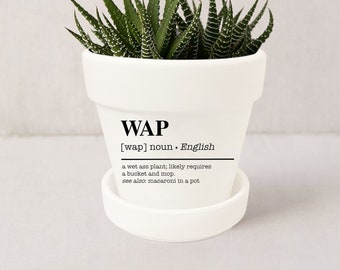 WAP Definition Planter | Best Friend Gift | Gag Gift | Wap Art | Funny Home Decor | Funny Succulent Pot w/ Tray | Plant NOT included (White)