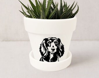 Dachshund Dog Planter, Dachshund Gift, Wiener Dog, Dog Lover Gifts, Doxie Mom Indoor Succulent Pot w/ Saucer | Plants NOT included (White)