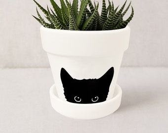 Black Cat Indoor Plant Pot | Witchy Decor | Gothic Decor Mystical Succulent Pot | Planter w/ Saucer | Plant NOT included (Matte White)