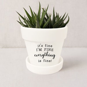 May include: White ceramic planter with a succulent plant and the text "it's fine I'M FINE everything is fine!"